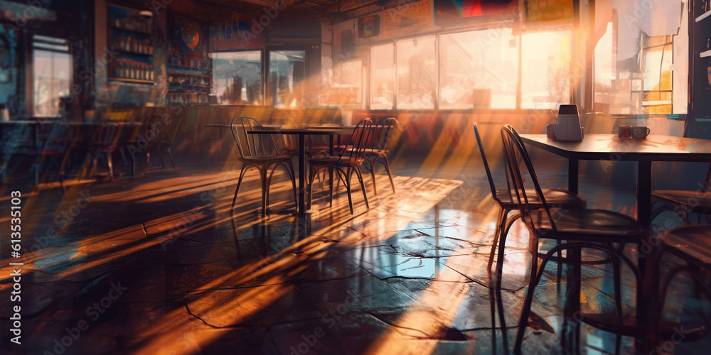 Abstract atmosphere is devoid of people in a cafe or restaurant on the outskirts of town. Digital painting style. Ai generative. Abstract atmosphere is devoid of people in a cafe or restaurant on the outskirts of town. Digital painting style. Ai generative.
