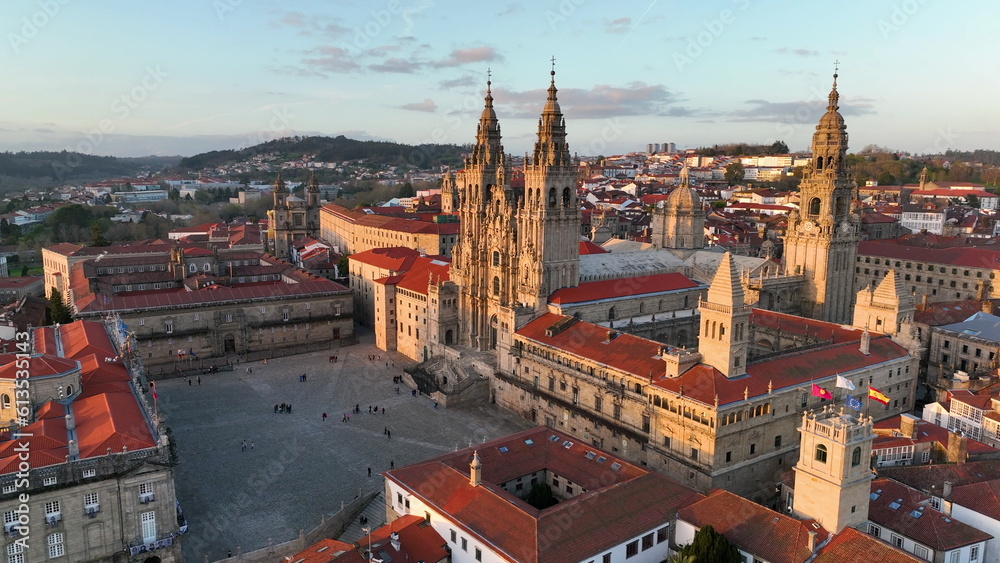 Aerial view of famous Cathedral of Santiago de Compostela. Travel destination in north of Spain Way of St James. Spain - obrazy, fototapety, plakaty 