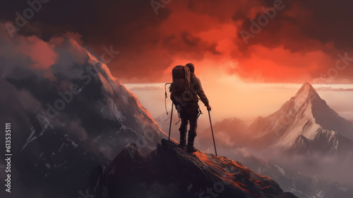 Man standing at the top of the mountain, climbing mountains in winter during sunrise. Ai generative.