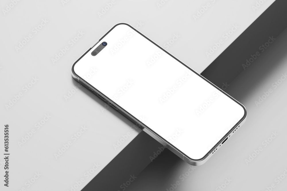 realistic single mobile phone pro max 14 gadget device with blank empty display screen mockup in modern minimal scene isolated in white studio background 3d render illustration realistic single mobile phone pro max 14 gadget device with blank empty display screen mockup in modern minimal scene isolated in white studio background 3d render illustration