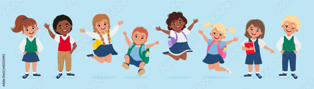 Cheerful Happy school children jumping with backpacks. Vector illustration in flat style