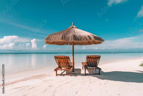 Beautiful tropical sunny day  two sun beds  loungers  umbrella under palm tree. White sand  sea view with horizon  colorful twilight sky  calmness and relaxation. Inspirational beach resort hotel. AI