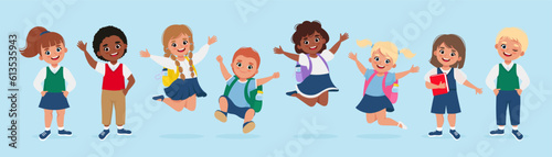 Cheerful Happy school children jumping with backpacks. Vector illustration in flat style