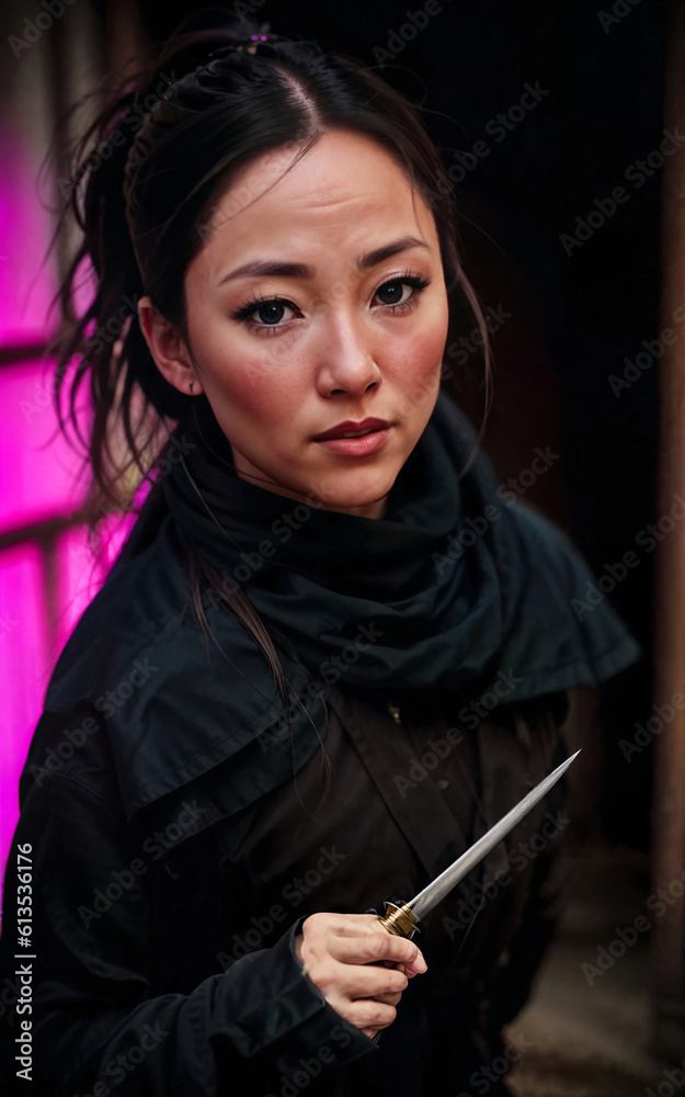 photo of beautiful woman in black ninja outfit assassin killer, generative AI photo of beautiful woman in black ninja outfit assassin killer, generative AI