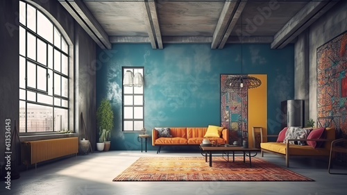 Hipster Loft Interior Background, 3D render, Bright color. Generative Ai