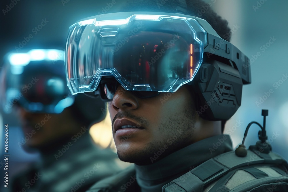 Close-up of a soldier using high-tech sunglasses with holographic display Close-up of a soldier using high-tech sunglasses with holographic display