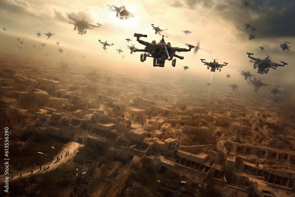 Naklejka premium unmanned RC military drone flies over mountains with white clouds on a blue sky background