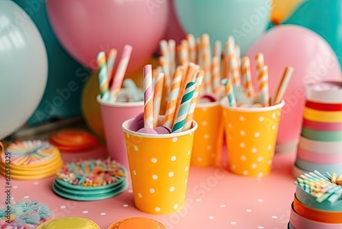 colorful paper cups, napkins, and plates on the party table, enhancing the kids birthday celebration