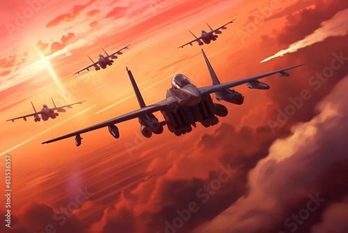 Militar aircraft flying over the clouds in amazing sunset photo
