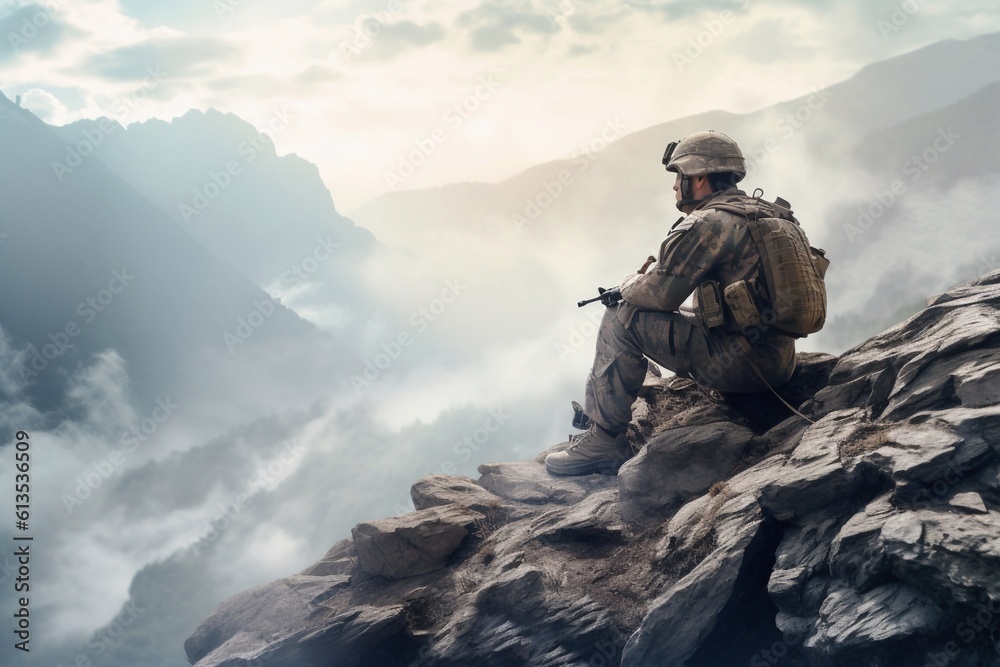 Soldier sitting relaxed on the top mountain. Soldier sitting relaxed on the top mountain.