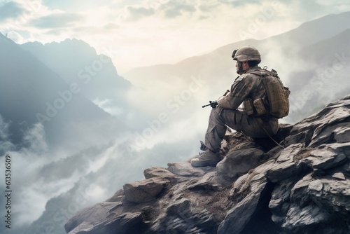 Soldier sitting relaxed on the top mountain.