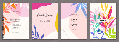 Bright and colorful art templates with abstract and floral elements. For poster, greeting and business card, invitation, flyer, banner, brochure, advertising, events and page cover. © KatyaKatya