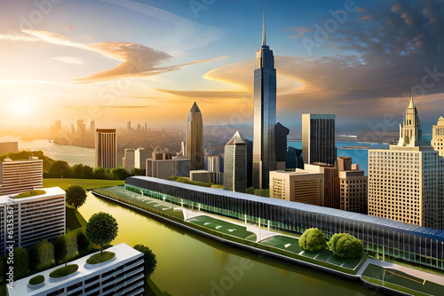 a city skyline with buildings adorned with green roofs and solar panels  emphasizing the integration of sustainable practices in urban environments