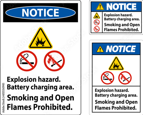 Notice Sign Explosion Hazard, Battery Charging Area, Smoking And Open Flames Prohibited