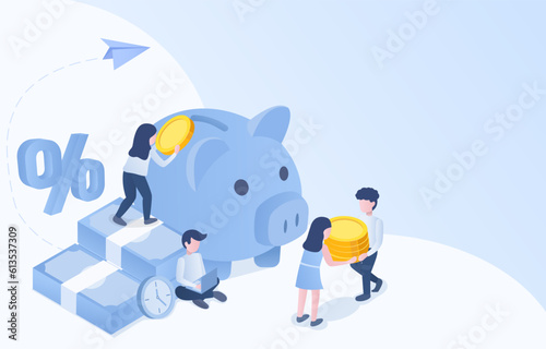 The concepts of money saving, accumulation, and financial management. Business people putting coins into a piggy bank. Isometric 3D vector design illustration with copy space. © NTPY