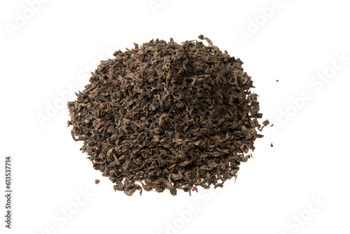 Dried tea leaves isolated on a white background.