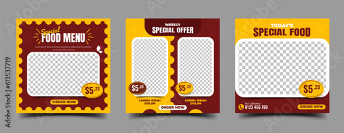 Food restaurant social media post template design vector. Editable modern square banner with place for the photo