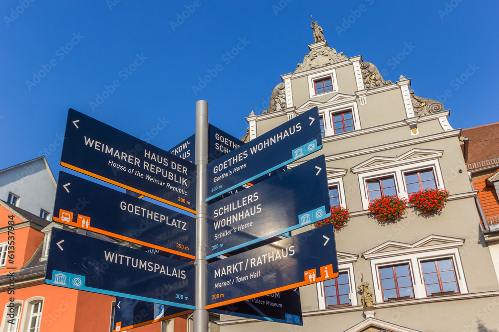 Tourist information sign in front of a historic building in Weimar, Germany