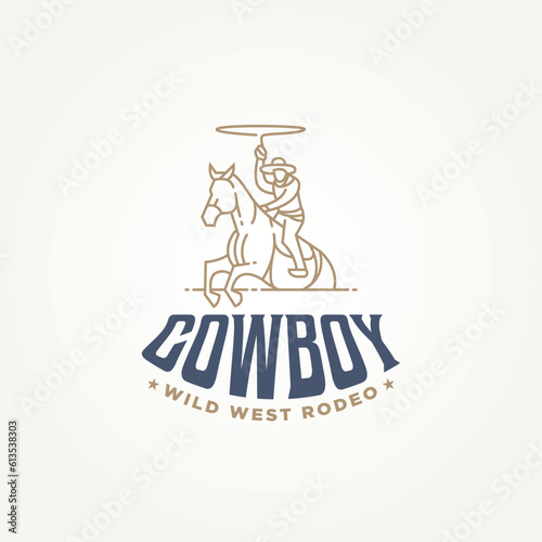 minimalist cowboy wild west rodeo line art icon logo template vector illustration design. simple modern american cowboy riding horse and throwing lasso logo concept