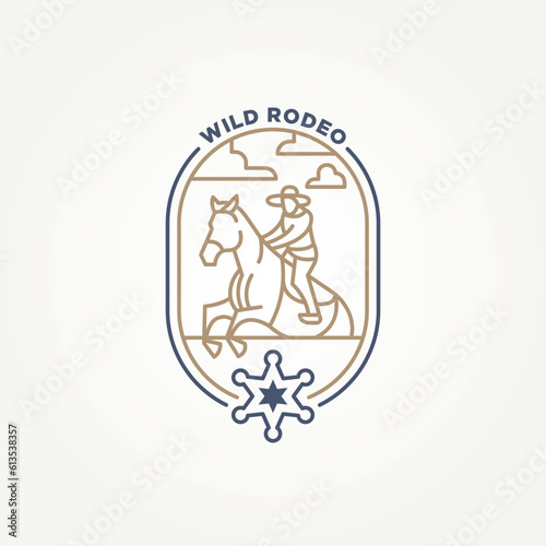 minimalist cowboy rodeo line art emblem icon logo template vector illustration design. simple modern serif cowboy riding horse badge logo concept