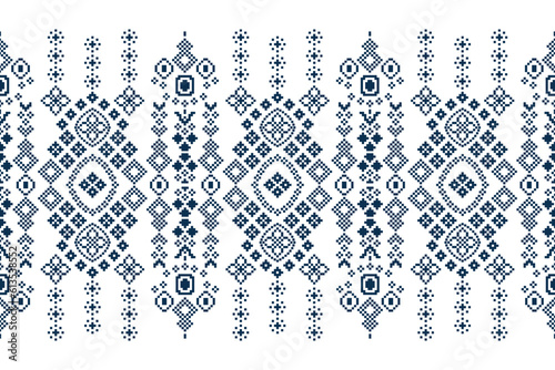 Ethnic geometric fabric pattern Cross Stitch.Ikat embroidery Ethnic oriental Pixel blue white background. Abstract,vector,illustration. Texture,clothing,frame,decoration,motifs,silk wallpaper.