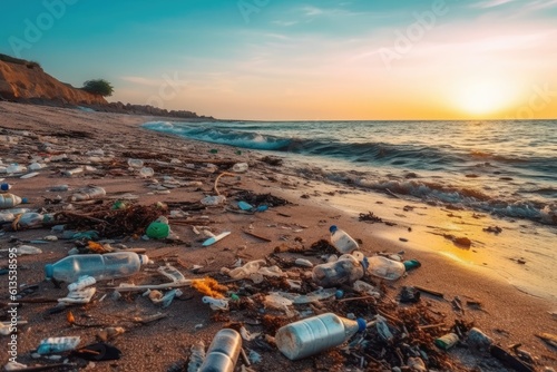 Spilled garbage on beach. Environmental pollution. Ecological problem. Generative AI