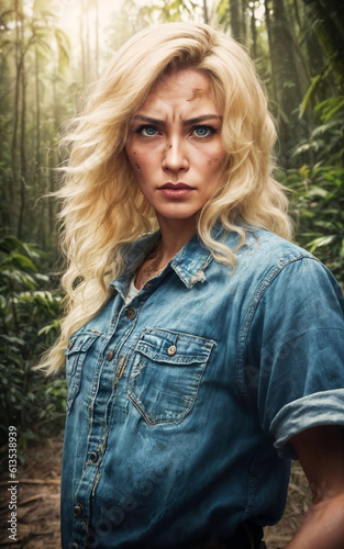 photo of missing beautiful woman survive lost in jungle, generative AI