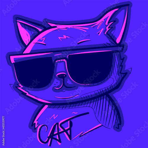 Digital art of a cool cat wearing sunglasses under pink neon lights. Vector of a gangsta kitty with glasses and graffiti text