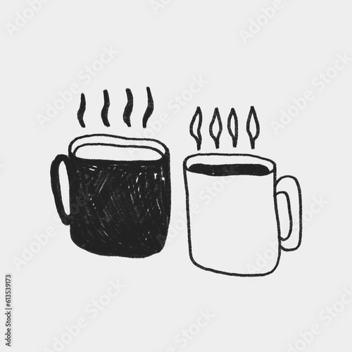 Black and white mugs with hot drink. Black and white monochrome pencil illustration.