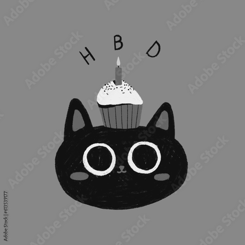 Black and white birthday card. A cat and a cupcake with a candle. Black and white monochrome pencil illustration.
