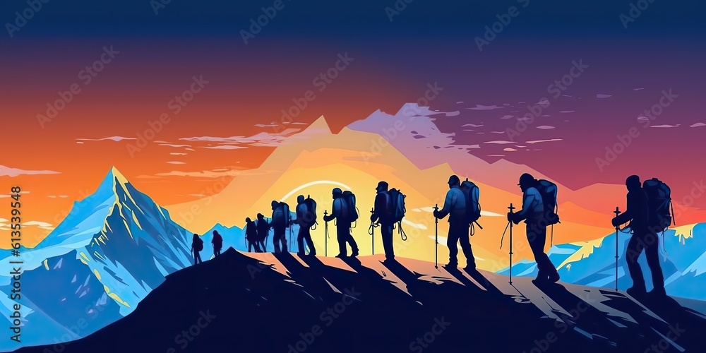 Fototapeta premium AI Generated. AI Generative. Mountain outdoor nature wild adventure travel journey summer hot season hiking trekking groupd of people. Graphic Art