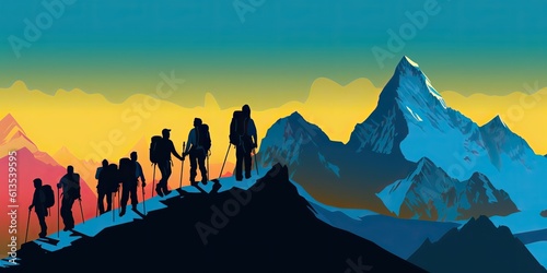 AI Generated. AI Generative. Mountain outdoor nature wild adventure travel journey summer hot season hiking trekking groupd of people. Graphic Art