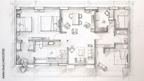 Line drawing floor plan on a white background. Generative Ai