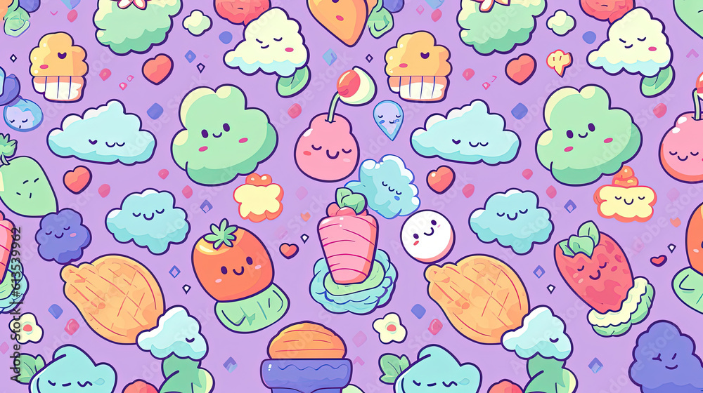 Pastel colors and whimsical kawaii patterns