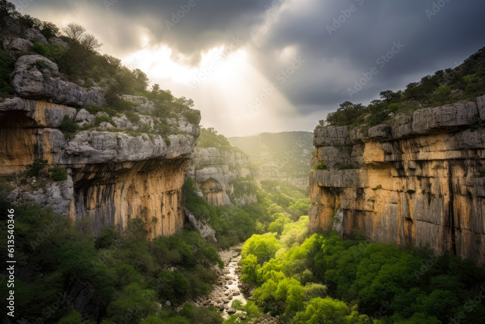 A canyon with the sunlight shining through clouds
