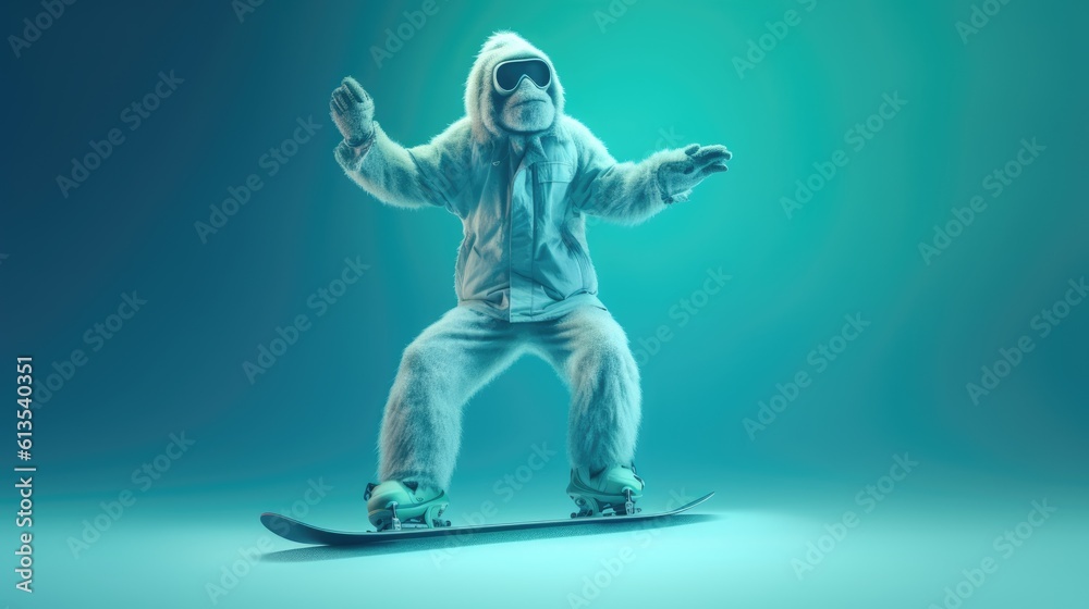 monkey on snowboard against blue studio background with snow, Generative AI