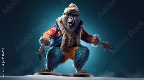 Naklejka cool stylish mandril skiing on snowy blue background, Generative AI