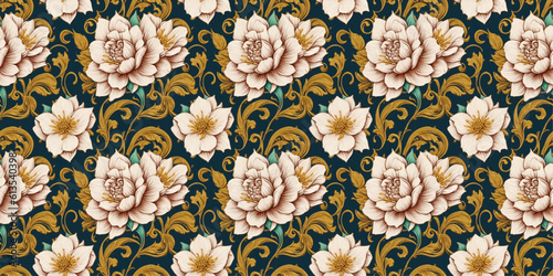 Trendy seamless vector floral pattern. Contemporary print made of flowers and leaves pattern. Summer and spring motifs. White and Gold rose vintage flower bouquet. Botanic floral Tile.