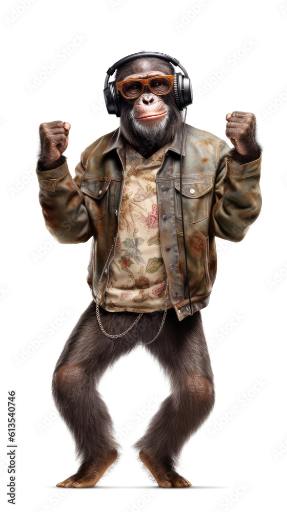 chimpanzee with headphones in jeans jacket dancing on white background, Generative AI chimpanzee with headphones in jeans jacket dancing on white background, Generative AI