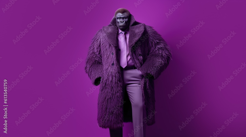 Obraz premium gorilla in fur clothes on purple background, Generative AI