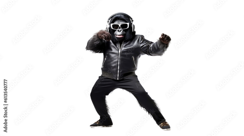 gorilla in leather jacket with headphones dancing on white background, Generative AI