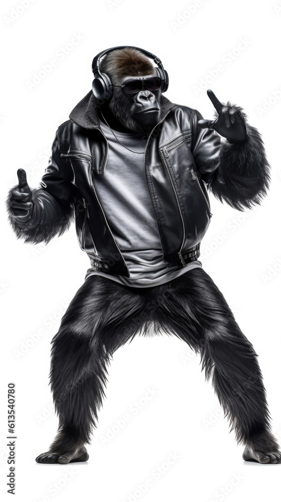 gorilla in leather jacket with headphones dancing on white background, Generative AI gorilla in leather jacket with headphones dancing on white background, Generative AI