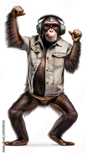 chimpanzee with headphones in jeans jacket dancing on white background, Generative AI