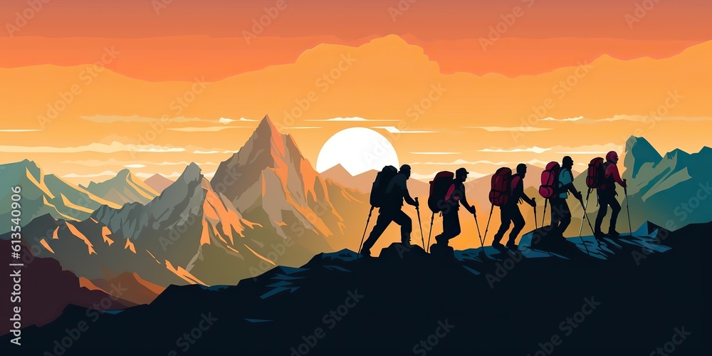 AI Generated. AI Generative. Mountain outdoor nature wild adventure travel journey summer hot season hiking trekking group of people. Graphic Art