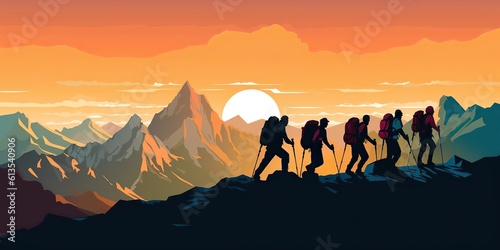 AI Generated. AI Generative. Mountain outdoor nature wild adventure travel journey summer hot season hiking trekking group of people. Graphic Art