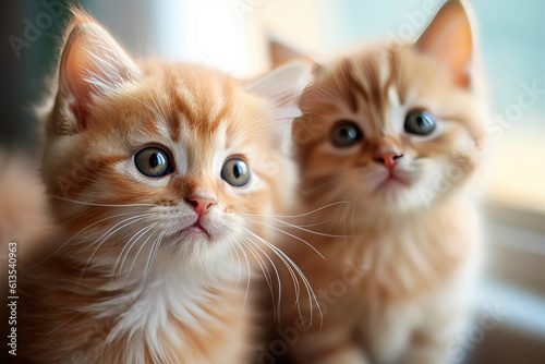 Two cute little red kittens close up. Adorable cats together. Homeless little kittens. Greeting card