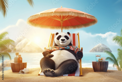 panda character sunbathing on deckchair in tropical summer vacation, Generative AI © gankevstock