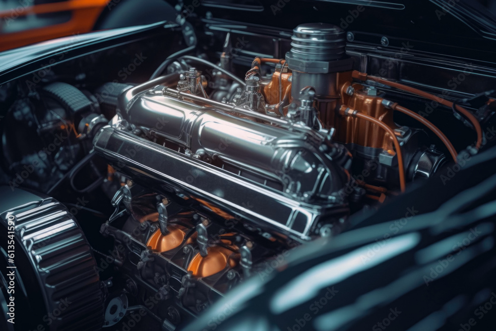 Technological Automotive Engine Inside Hood Created With Artificial Intelligence