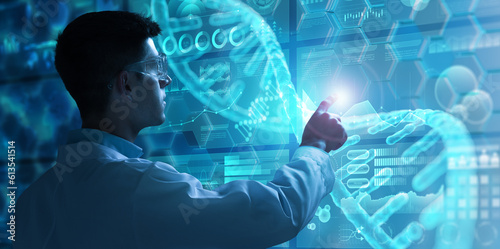 Doctor touching a virtual screen displaying human DNA helix and health indicators. Concept of digital medical examination and bioengineering research