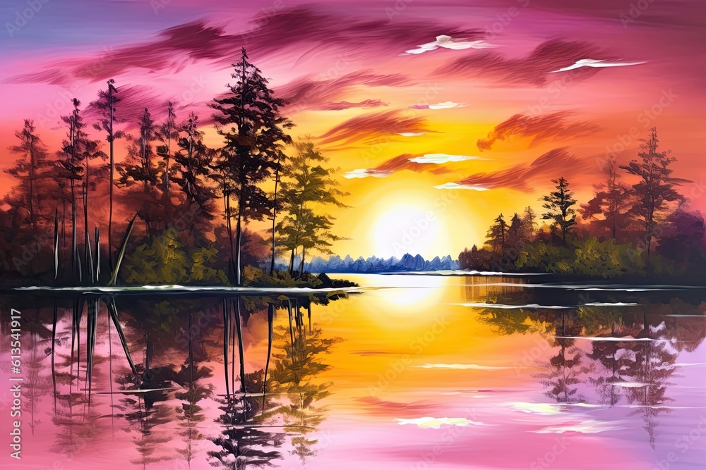 Beautiful Nature Scene of a Sunset Over a Lake: Majestic Trees, Pink Sky and Water Reflecting the Sun's Golden Rays. Generative AI